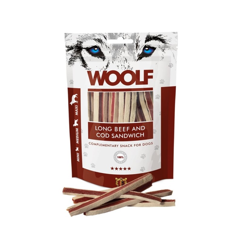WOOLF Long Beef And Cod Sandwich 100g Sandwiches mit Rindfleisch und Kabeljau
