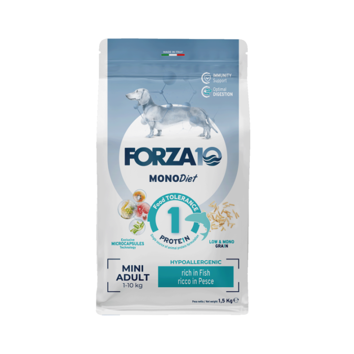 FORZA10 Mini Diet mit Fisch hypoallergenes Trockenfutter für ausgewachsene Hunde kleiner Rassen 1,5 kg