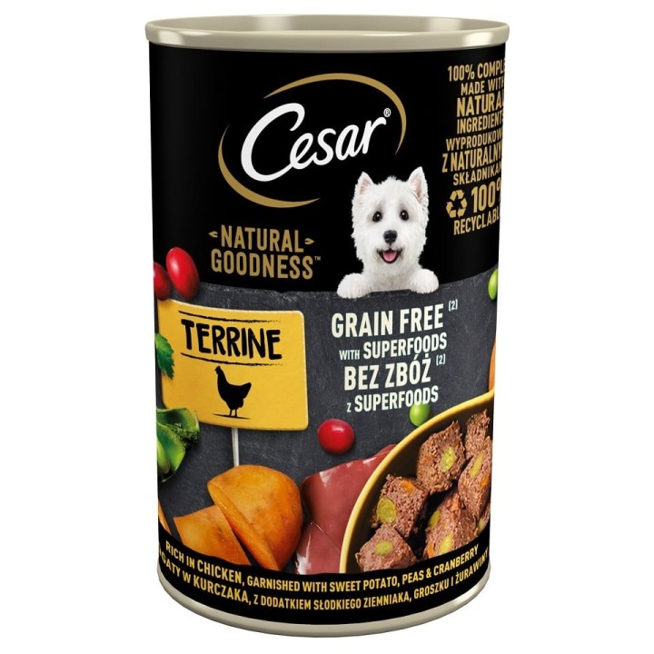 CESAR Natural Goodness in Terrine 400g, reich an Huhn mit Süßkartoffeln, Erbsen und Preiselbeeren