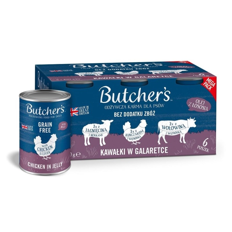 BUTCHER'S Original Recipe in jelly Gemischte Geschmacksrichtungen mit Leber oder Niere 6x400 g Stücke in Gelee mit Rind, mit