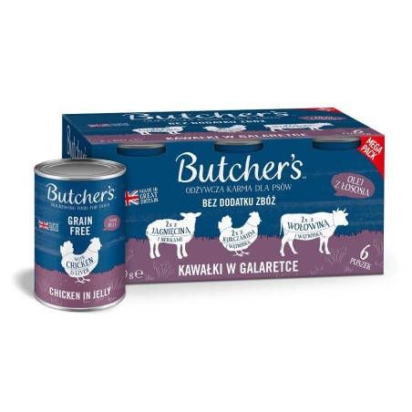 BUTCHER'S Original Recipe in jelly Gemischte Geschmacksrichtungen mit Leber oder Niere 6x400 g Stücke in Gelee mit Rind, mit