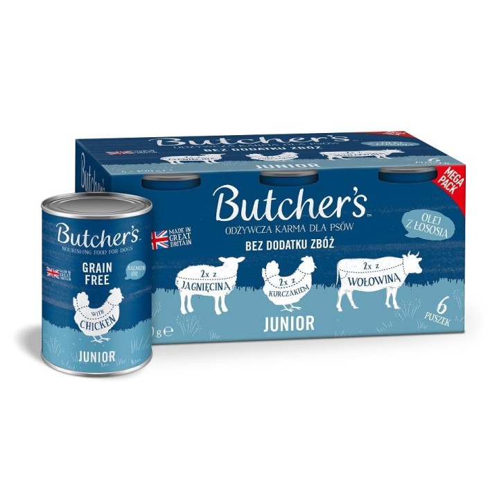 BUTCHER'S Original Junior Recipe in jelly Gemischte Geschmacksrichtungen 6x400 g Geleestücke mit Lamm, Huhn und Rind für Welp