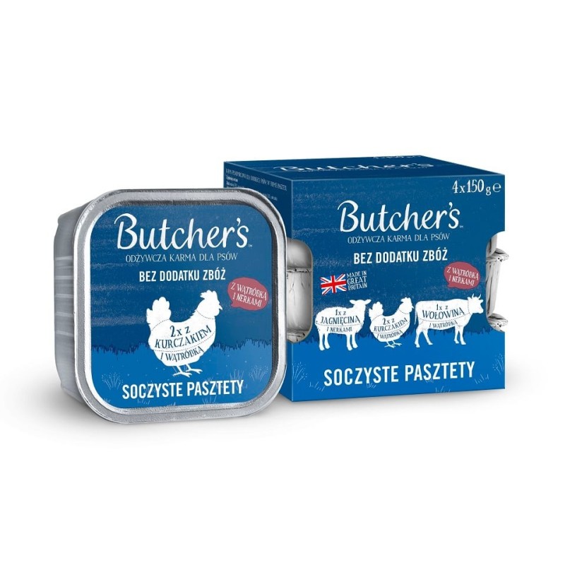 BUTCHER'S Original Saftige Pastete Gemischte Geschmacksrichtungen mit Leber oder Niere 4x150 g Pastete mit Rind, mit Lamm und