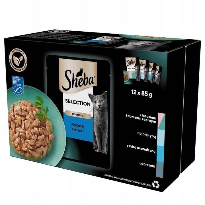 SHEBA Selection Fisch Geschmacks in Soße 12x85g Nassfutter mit Lachs und schwarzem Kabeljau, Weißfisch, Meeresfisch, Kabeljau