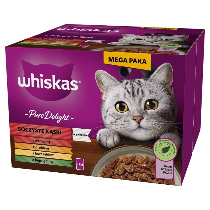 WHISKAS Adult Pure Delight in Gelee 24x85 g mit Rind Huhn Lamm Geflügel