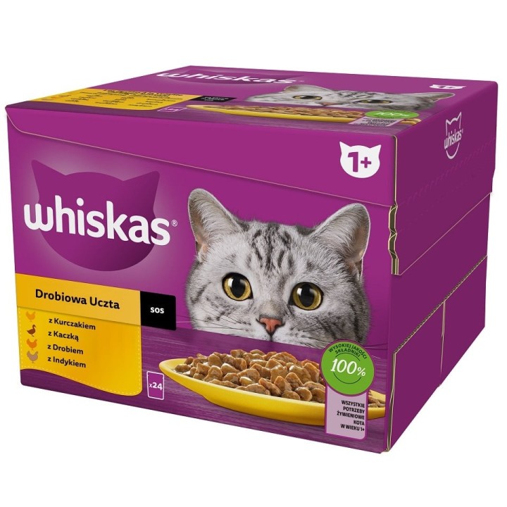 WHISKAS Adult 24x85 g: Stücke mit Huhn, Ente, Geflügel und Truthahn in Sauce für adulte Katzen