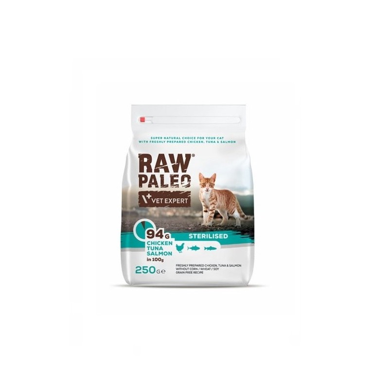 VETEXPERT Raw Paleo Sterilised Chicken&amp,Tuna&amp,Salmon für kastrierte Katzen 250 g