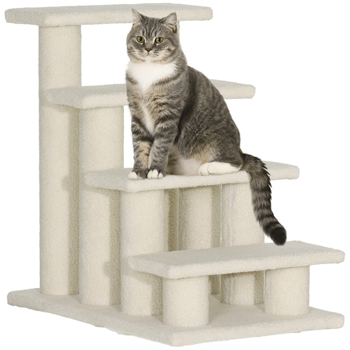 PawHut Tiertreppe für Hunde und Katzen 4-Stufen Plüsch Beige 63,5x43x60cm ideal für ältere Tiere   Aosom.de