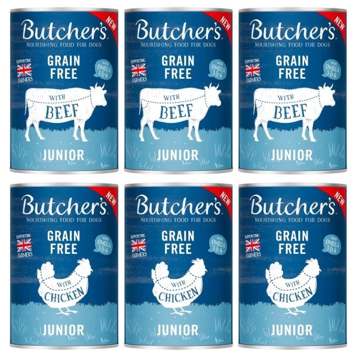 BUTCHER'S Original Junior Mix: Rindfleisch und Hühnerfleisch in Gelee für Welpen 6x400g