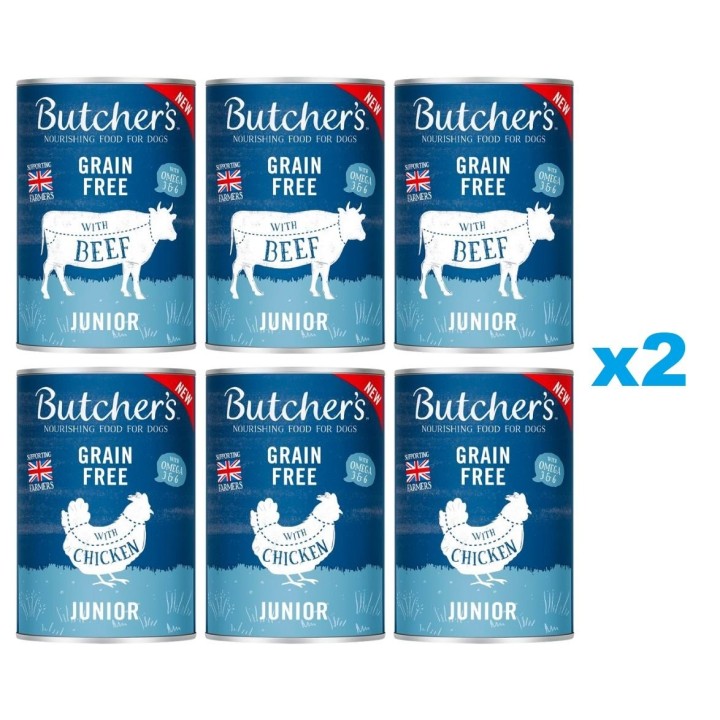 BUTCHER'S Original Junior Mix: Rindfleisch und Hühnerfleisch in Gelee für Welpen 12x400g