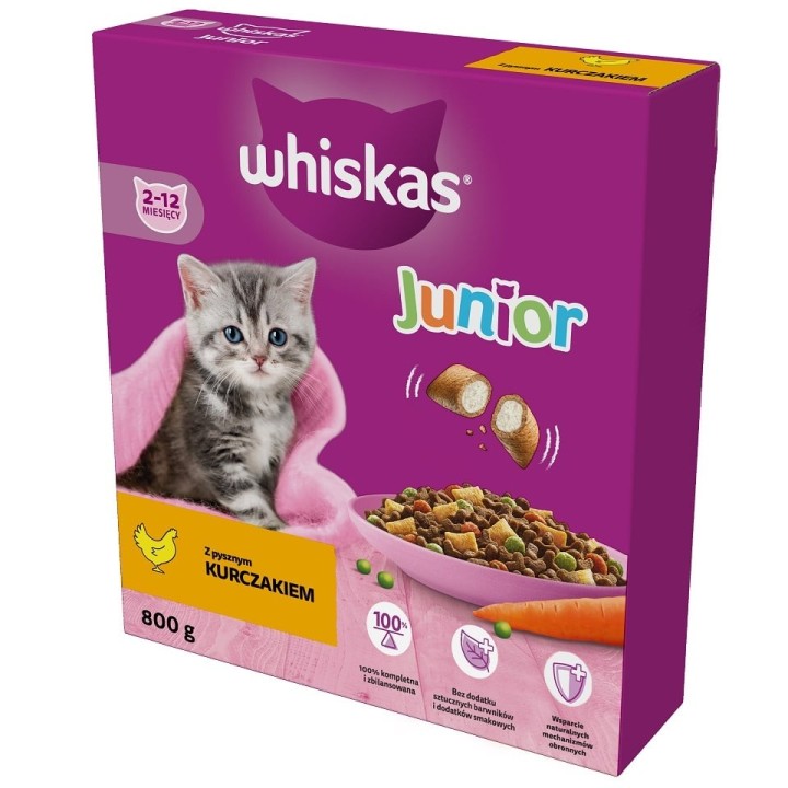 WHISKAS Junior 800g: Trockenvollnahrung für Kätzchen mit leckerem Huhn