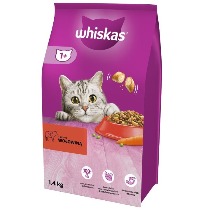 WHISKAS Adult 1,4 kg Trockenfutter mit Rindfleisch für adulte Katzen
