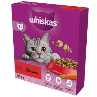 WHISKAS Adult 800g: Trockenvollnahrung für adulte Katzen mit leckerem Rindfleisch
