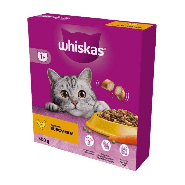 WHISKAS Adult 800g: Trockenvollnahrung für adulte Katzen mit leckerem Huhn