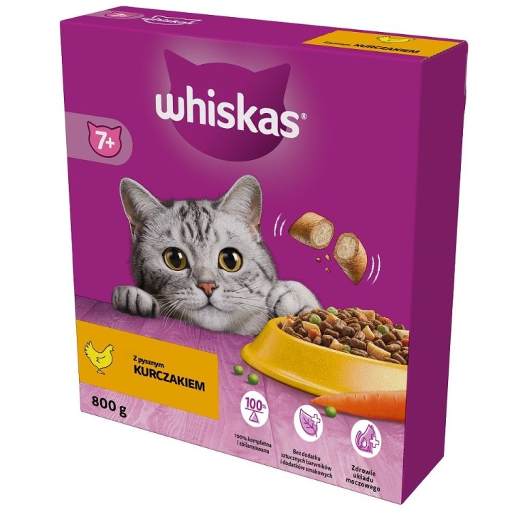 WHISKAS Senior 800g: Trockenfutter mit Huhn für ältere Katzen