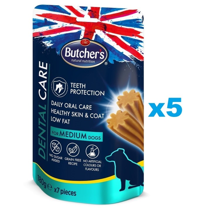 BUTCHER'S Dental Care for Medium Dogs Zahnpflege-Leckerlis für mittelgroße Hunderassen 5x180g