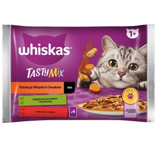 WHISKAS Adult 4x85g: Nassfutter für Katzen mit Lamm, Huhn und Karotten, Rind und Geflügel in Sauce