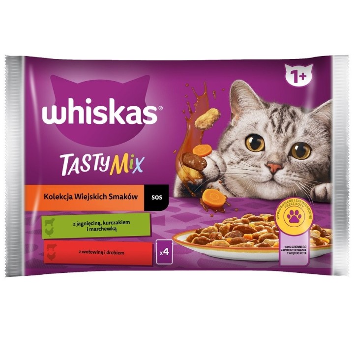 WHISKAS Adult 4x85g: Nassfutter für Katzen mit Lamm, Huhn und Karotten, Rind und Geflügel in Sauce