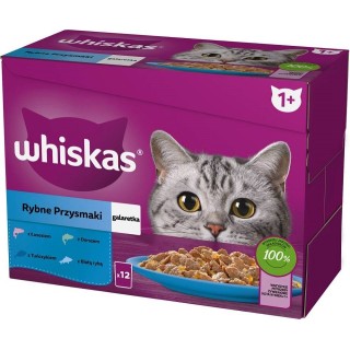 WHISKAS Adult 12x85g: Nassfutter für adulte Katzen mit Lachs, Thunfisch, Kabeljau, und weißen Fischen in Gelee
