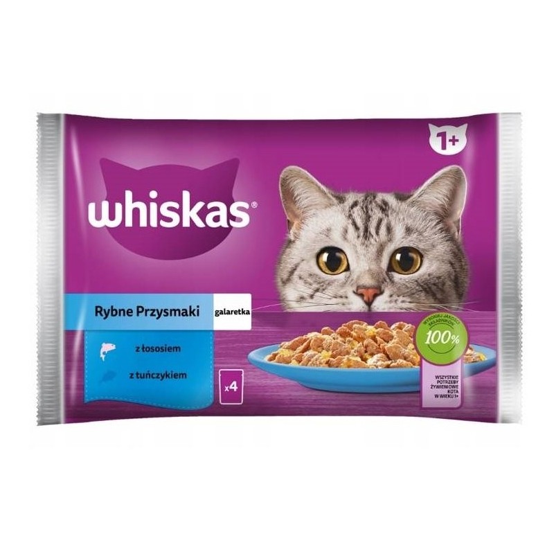 WHISKAS Adult Multipack Fisch 4x85g: Nassfutter für adulte Katzen mit Lachs und Thunfisch in Gelee