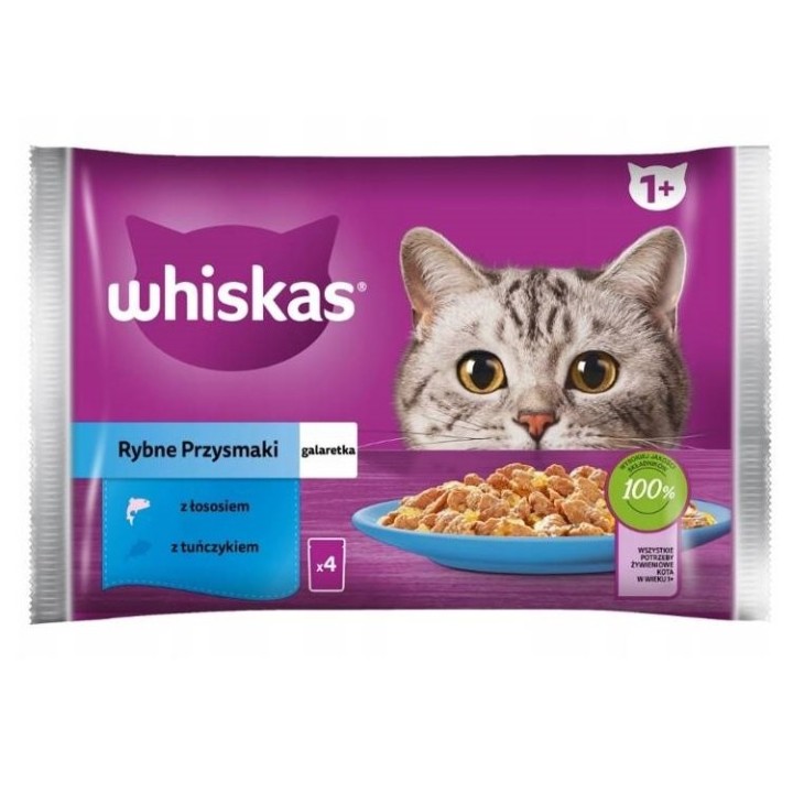 WHISKAS Adult Multipack Fisch 4x85g: Nassfutter für adulte Katzen mit Lachs und Thunfisch in Gelee
