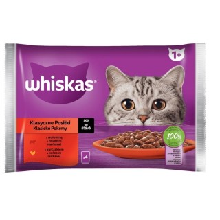 WHISKAS Adult Classic Meals 4x85g: Nassfutter für adulte Katzen mit Rindfleisch und Huhn in Sauce.