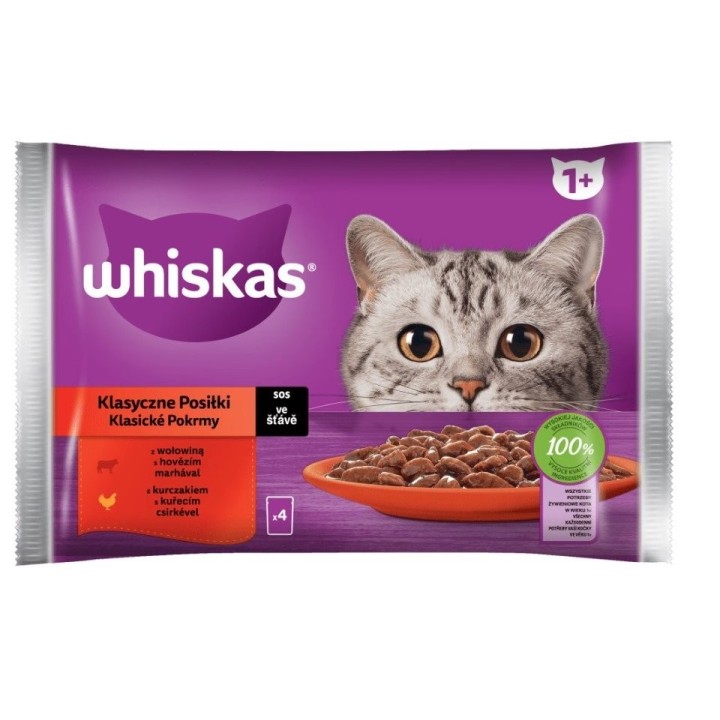 WHISKAS Adult Classic Meals 4x85g: Nassfutter für adulte Katzen mit Rindfleisch und Huhn in Sauce.