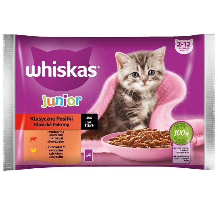 WHISKAS Junior Beutel 4x85g Nassfutter für Kätzchen mit Rind und Huhn in Sauce