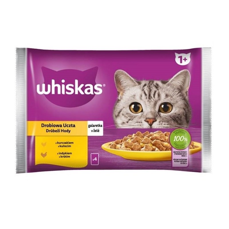 WHISKAS Adult 4x85g: Nassfutter für adulte Katzen mit Huhn und Truthahn in Gelee