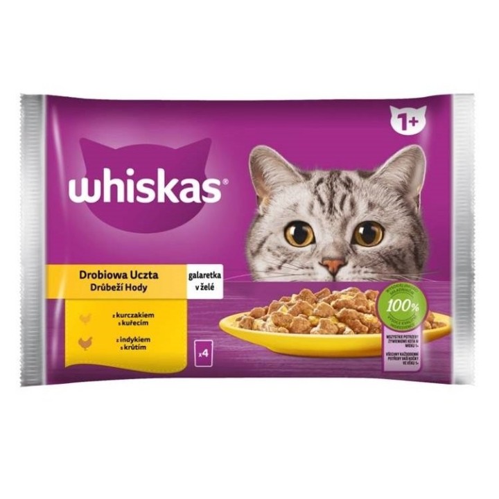 WHISKAS Adult 4x85g: Nassfutter für adulte Katzen mit Huhn und Truthahn in Gelee