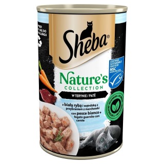 SHEBA 400 g Nature's Collection: Nassvollnahrung für adulte Katzen mit Weißfisch, Leber und Karotten in Terrine