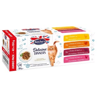 BUTCHER'S Delicious Dinners Jumbo Pack Gelee für ausgewachsene Katzen 40x100g Gemischte Geschmacksrichtungen Huhn Gerichte