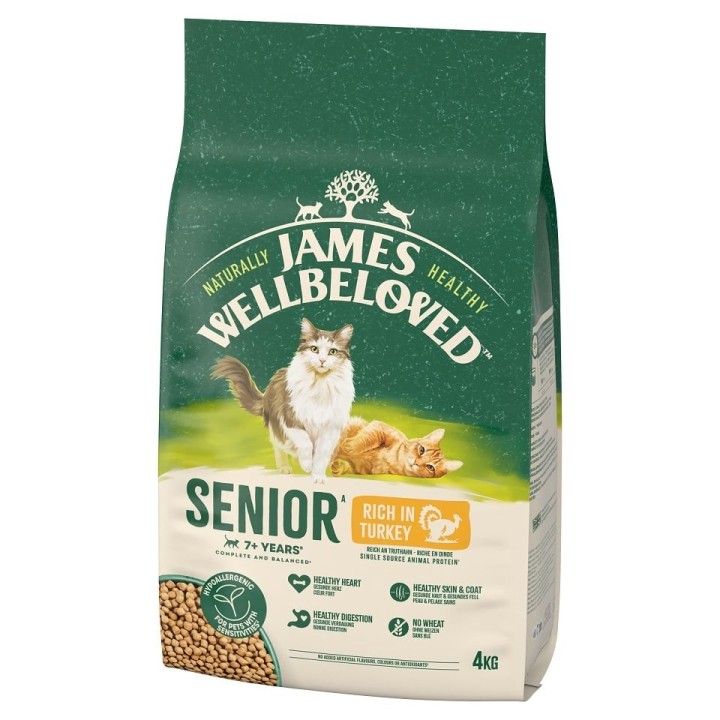 JAMES WELLBELOVED Senior 4 kg Trockenvollnahrung für ältere Katzen nach 7 Jahren, reich an Pute