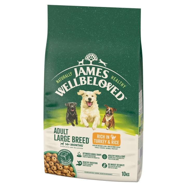 JAMES WELLBELOVED Adult 10 kg Trockenvollnahrung für ausgewachsene Hunde großer Rassen von 14 Monaten bis 10 Jahren mit Puten