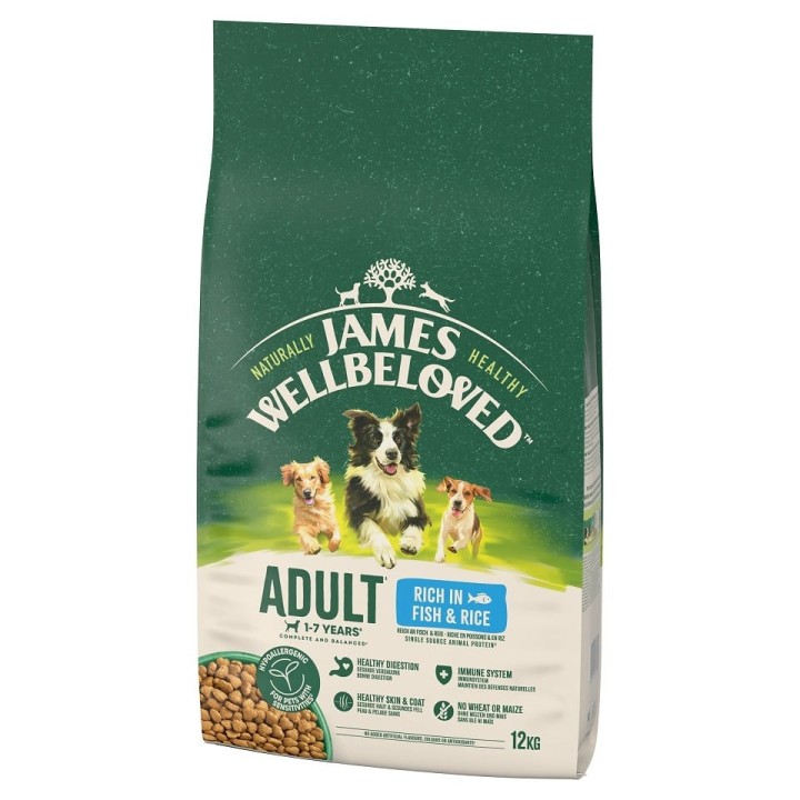 JAMES WELLBELOVED Adult 12 kg Trockenvollnahrung für ausgewachsene Hunde von 1-7 Jahren, reich an Fisch und Reis