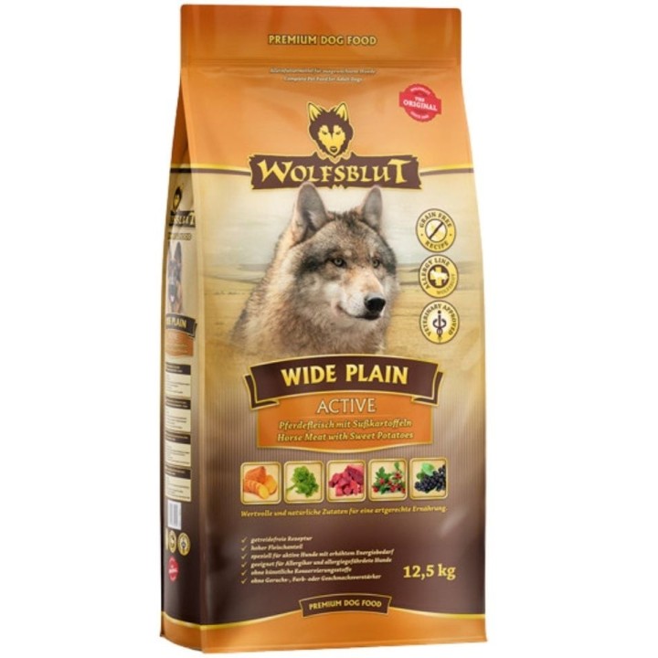 WOLFSBLUT Wide Plain Active Trockenfutter für aktive erwachsene Hunde mit Pferdefleisch und Süßkartoffeln 12,5 kg