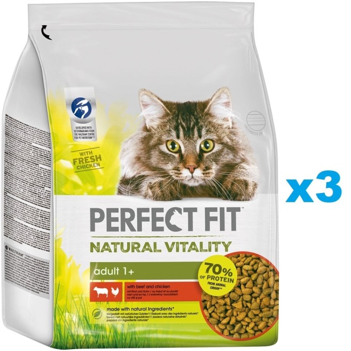 PERFECT FIT Natural Vitality 3x2,4kg: Trockenfutter mit Rind und Huhn für adulte Katzen