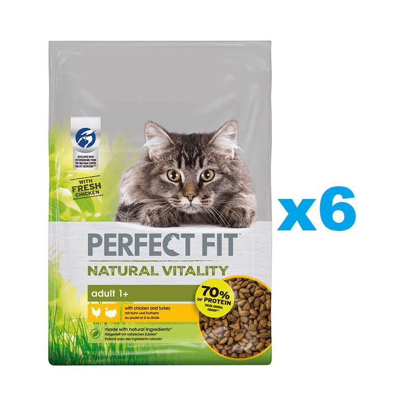 PERFECT FIT Natural Vitality 1+ Trockenfutter mit Huhn und Truthahn adulte Katzen 6x650 g