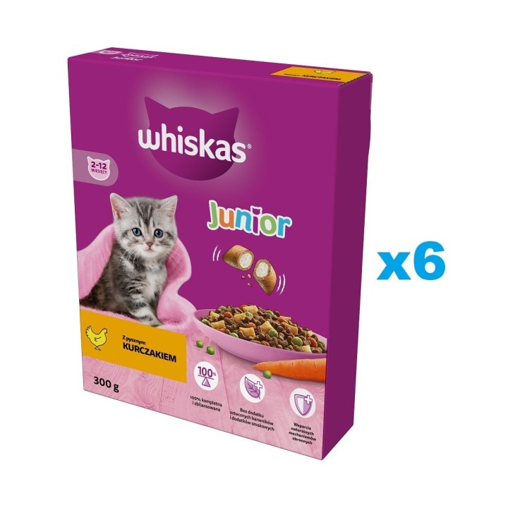 WHISKAS Junior 6x300 g Trockenfutter mit Huhn für Kätzchen