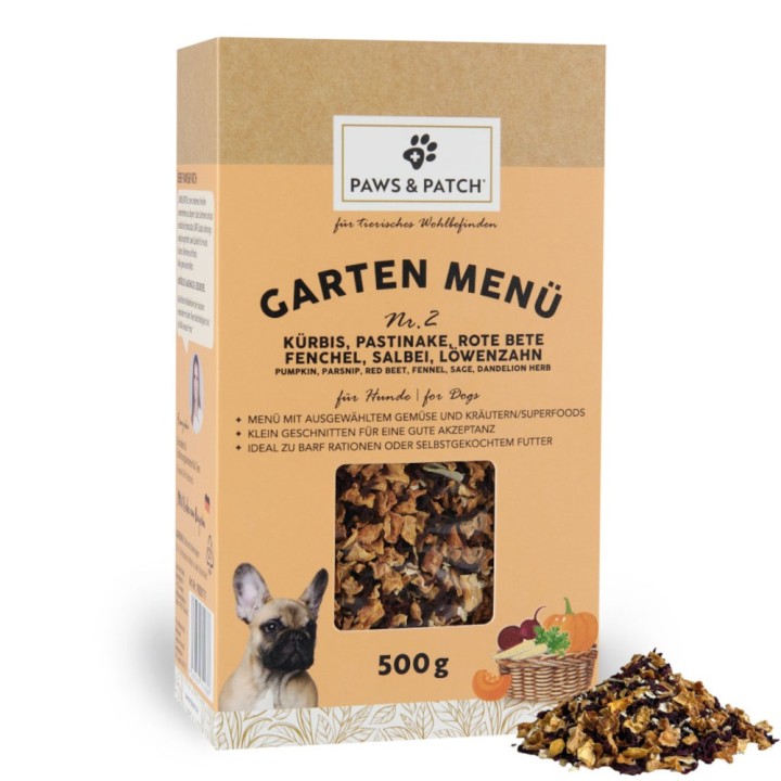 PAWS & PATCH Garten Menü für Hunde - Nr. 2: Kürbis, Pastinake, Rote Bete, Fenchel, Salbei, Löwenzahn (500 g)