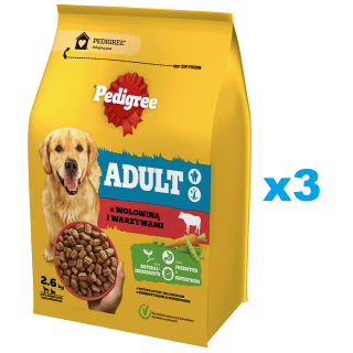 PEDIGREE Adult 3 x 2.6 kg mit Rindfleisch und Gemüse für große und mittelgroße Hunde