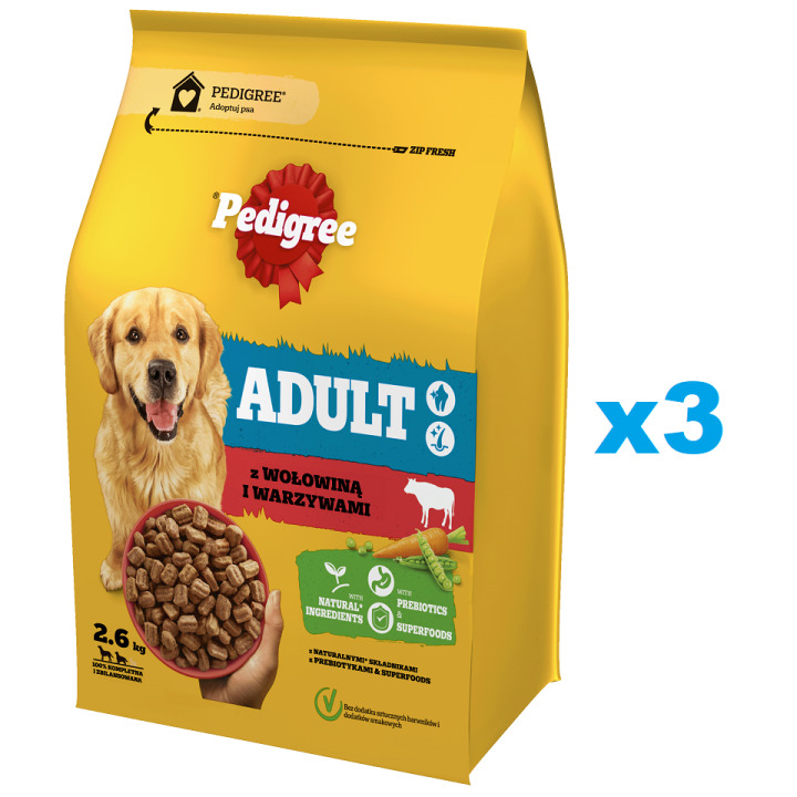 PEDIGREE Adult 3 x 2.6 kg mit Rindfleisch und Gemüse für große und mittelgroße Hunde
