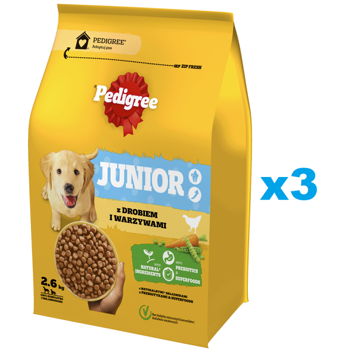 PEDIGREE Junior 3 x 2,6 kg: Trockenfutter mit Geflügel und Gemüse für große und mittelgroße Hunde