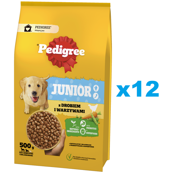 PEDIGREE Junior 12x500g: Trockenfutter mit Geflügel und Gemüse für große und mittelgroße Hunde