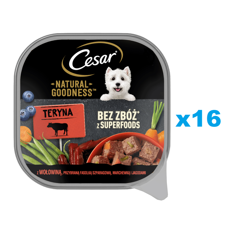 CESAR Natural Goodness 16x100 g: Schale mit Rindfleisch, garniert mit grünen Bohnen, Karotten und Beeren