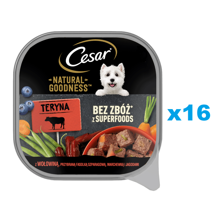 CESAR Natural Goodness 16x100 g: Schale mit Rindfleisch, garniert mit grünen Bohnen, Karotten und Beeren