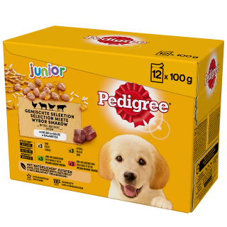 PEDIGREE Junior Mix Beutel 12x100g: Nassfutter für Welpen mit Reis, Huhn, Lamm, Geflügel und Rindfleisch in Gelee