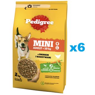PEDIGREE Adult Mini 6x2 kg: Trockenfutter mit Geflügel und Gemüse für adulte Hunde kleiner Rassen