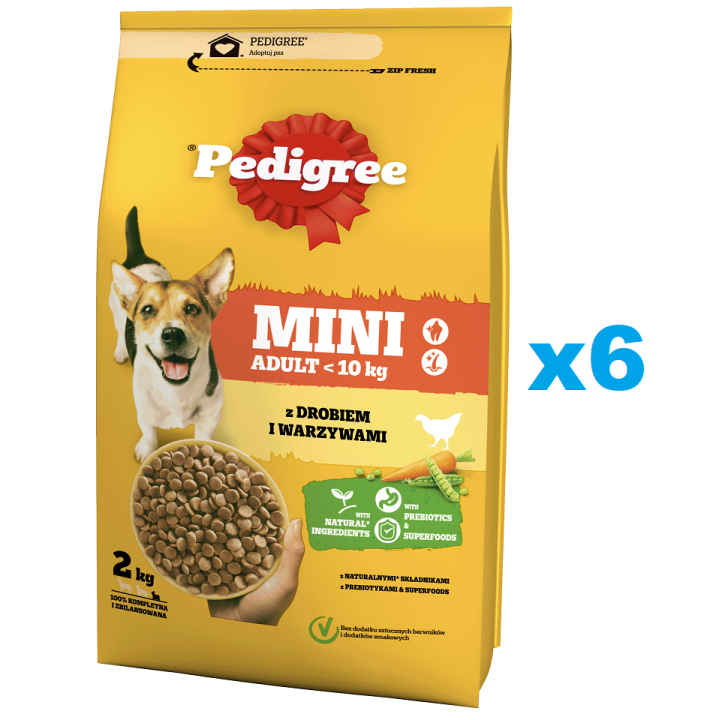 PEDIGREE Adult Mini 6x2 kg: Trockenfutter mit Geflügel und Gemüse für adulte Hunde kleiner Rassen