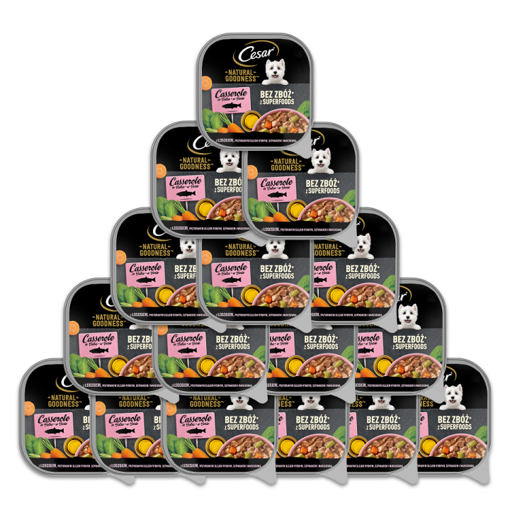 CESAR Schale 16x100 g: Nassfutter in Sauce mit Lachs, angereichert mit Fischöl, Spinat und Karotten